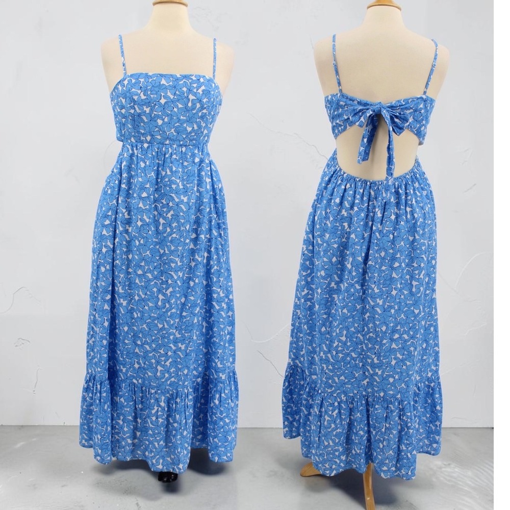 Dizzy Lizzy Dress Medium Blue Floral Open Back Tie Maxi Square Neck Tiered Hem